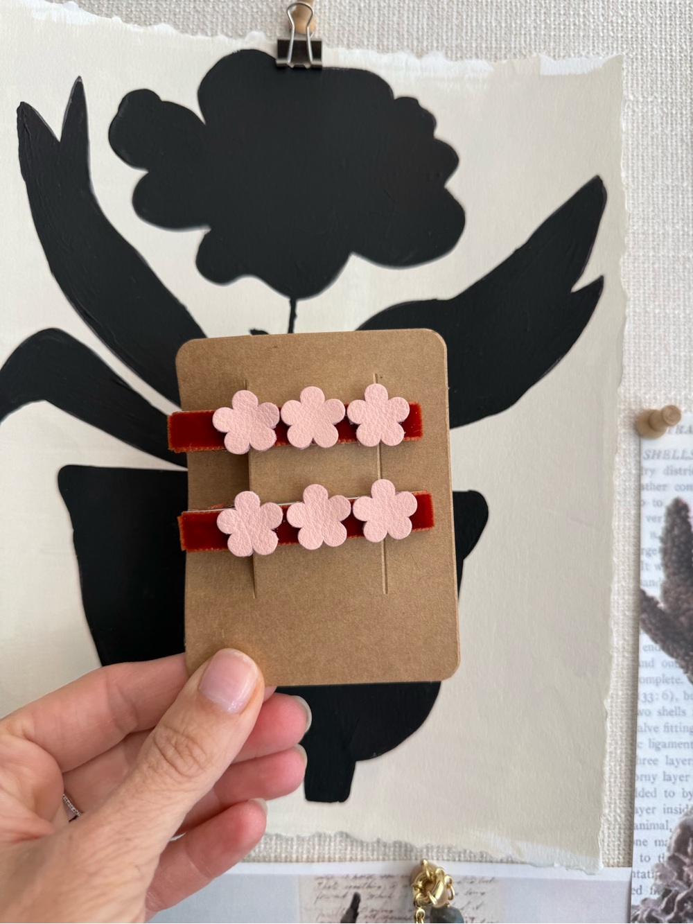 Velvet and leather flower hair clips set set of 2